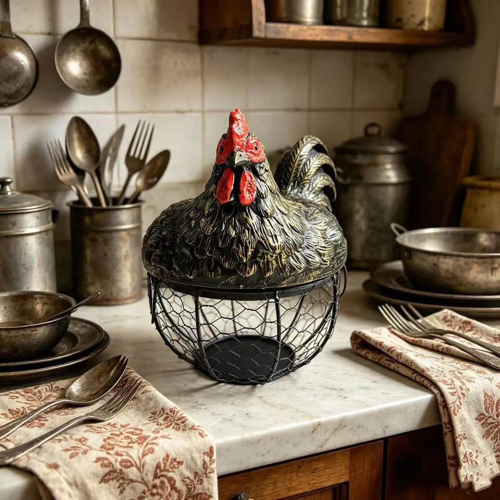Egg Collecting Basket Chicken Design Lid Organizer Container Portable Round Collectiong Basket For Home Countertop Living Room Qme