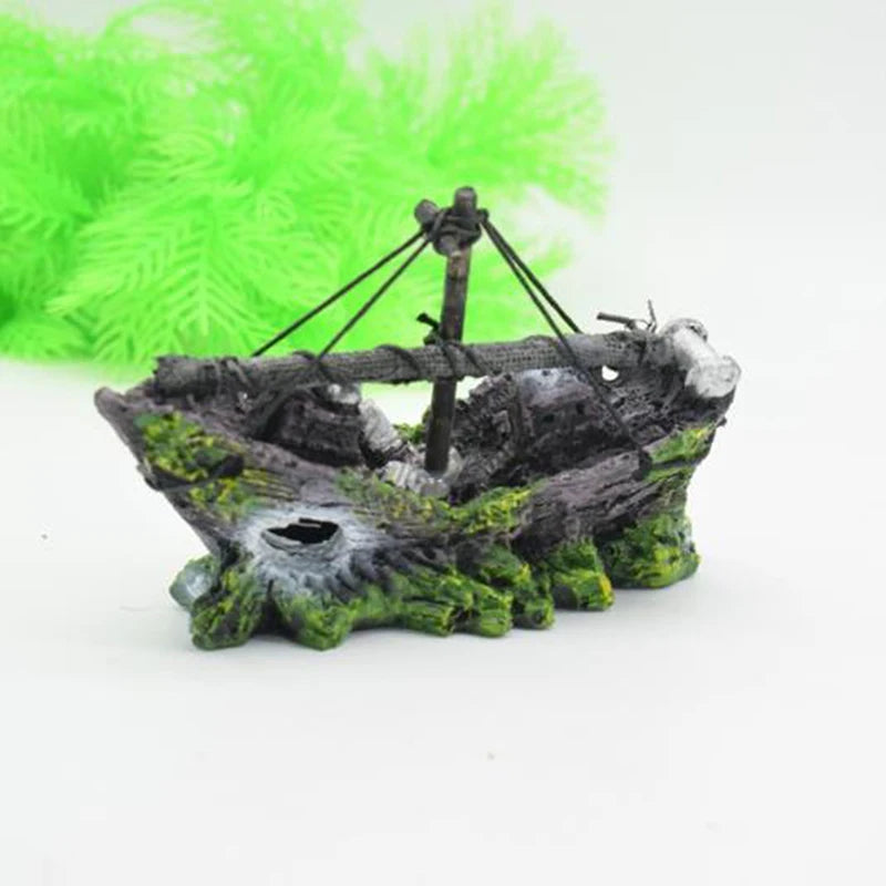 Aquarium Ornament Wreck Sunk Ship Sailing Boat Destroyer Fish Tank Cave Decor. Qme