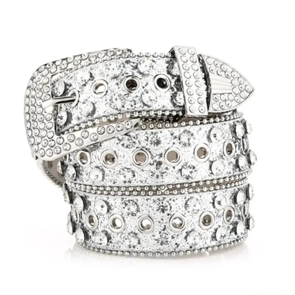Simple PU Leather Rhinestone Belts Spicy Girl Blingbling Rivet Belt Qme Silver