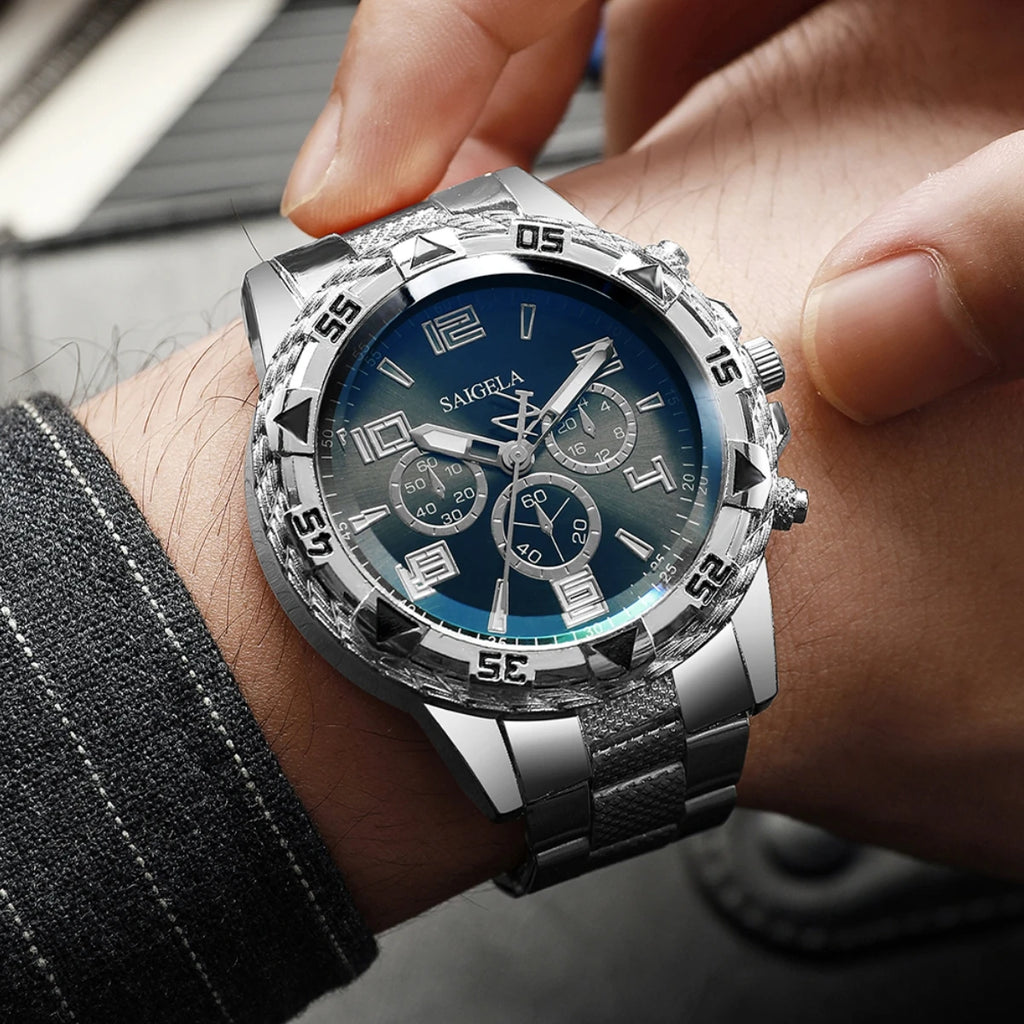 3PCS Blue light glass men's business watch, steel strap quartz watch, digital three eye watch+eagle jewelry Qme
