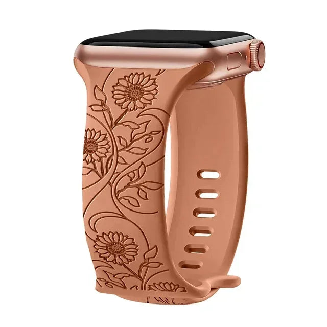 Floral Engraved Strap For Apple Watch Band 40mm 44mm 41mm 49mm 45mm 38mm 42mm silicone bracelet iwatch series 9 7 se 6 8 ultra 2 Qme Sunflower Brown 42mm 44mm 45mm 49mm