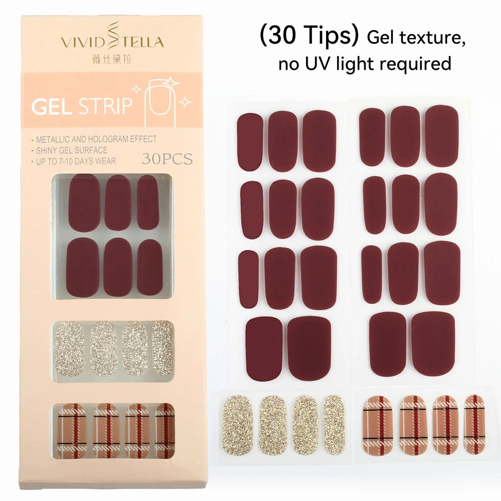 30 34Tips UV-Free Gel Nail Wraps Solid Glitter Stickers No Need UV Qme MK-30Z-DS38011
