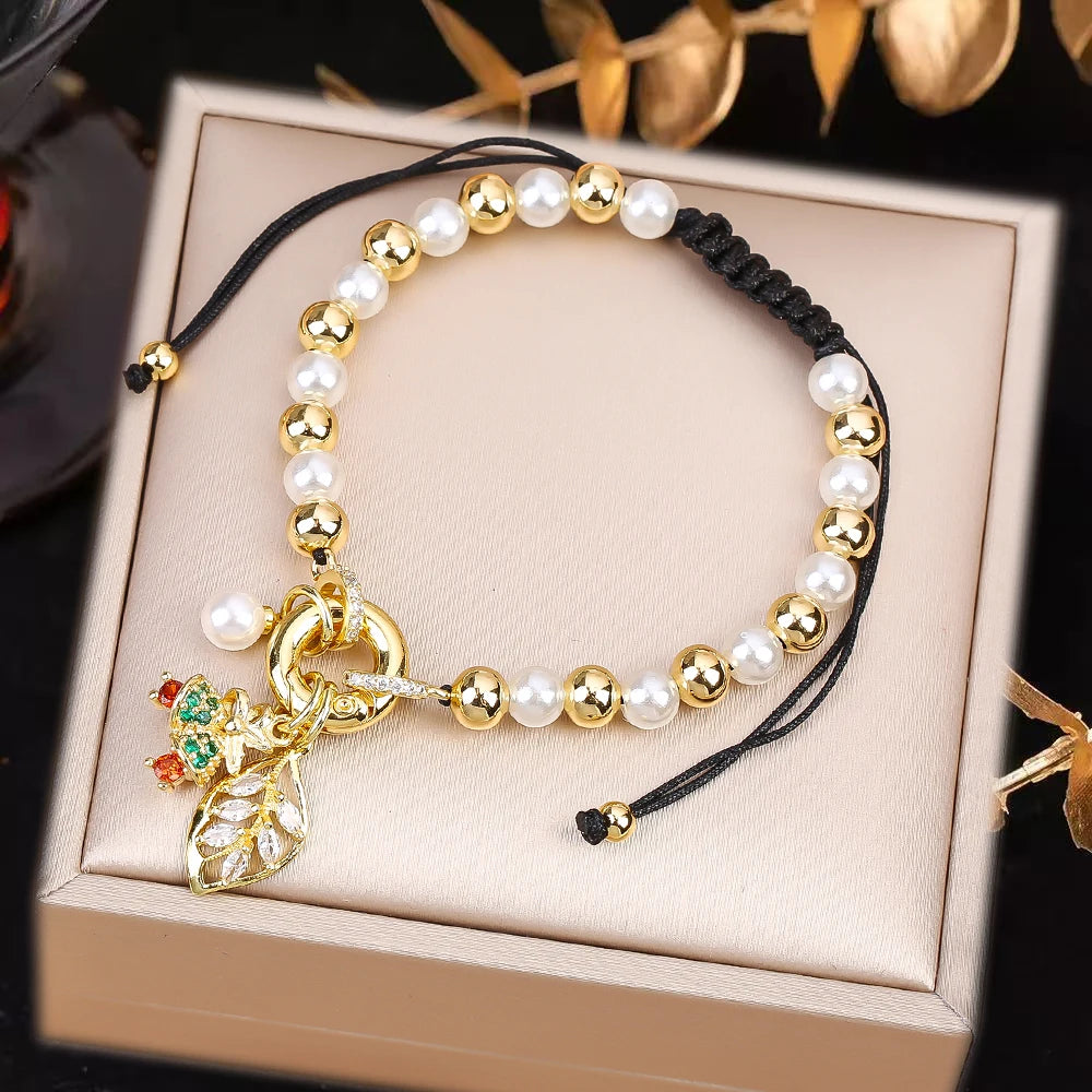 High Quality Pearl Chain Braided Crystal Cherry Adjustable Rope Bracelet Charming For Woman Girl Party Jewelry Gift Daily Wear Qme M
