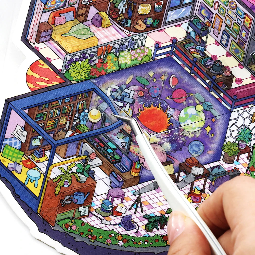 3 Sheets/Bag Fantasy House Miniature Scene Stickers PET+White Card 2.5D Stress Relief Game Stickers for DIY Craft, Birthday Gift Qme