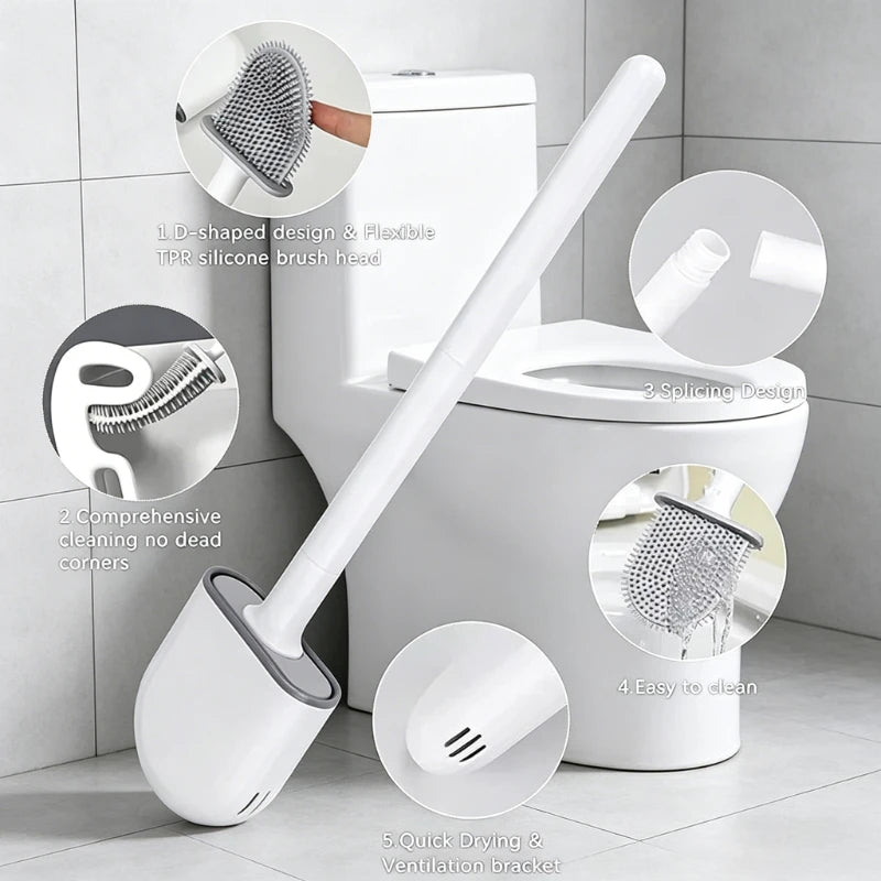 Wall Mounted Silicone Toilet Brush Set Flexible Flat Head Toilet Bowl Cleaner Brush for WC Bathroom Cleaning Dead Ends & Corners Qme