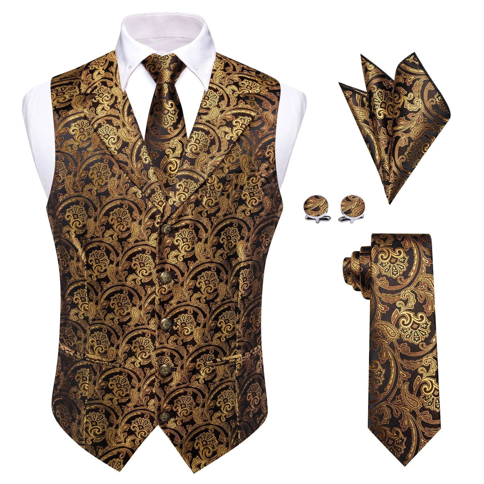 Mens Suit Golden Black Purple Orange Vest Tie Hanky Cufflinks Set Paisley Waistcoat for Male Wedding Busniess Qme MJTZ9500 XL