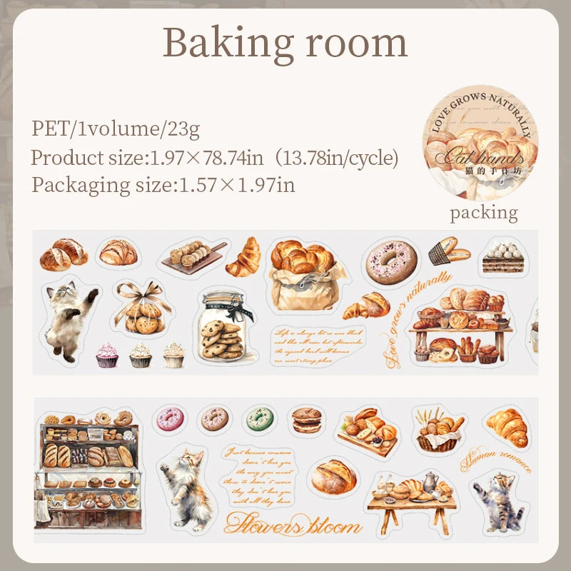 PET Material Tape Maker Cat Hand Workshop Series Cute Cat Coffee Bread Floral Pattern DIY Decorative for Phone Case Computer Cup Qme 5