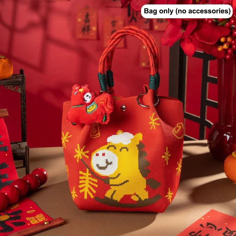 2026 Horse Year Cartoon Mascot Pony Knitted Bucket Bag Women Fashion