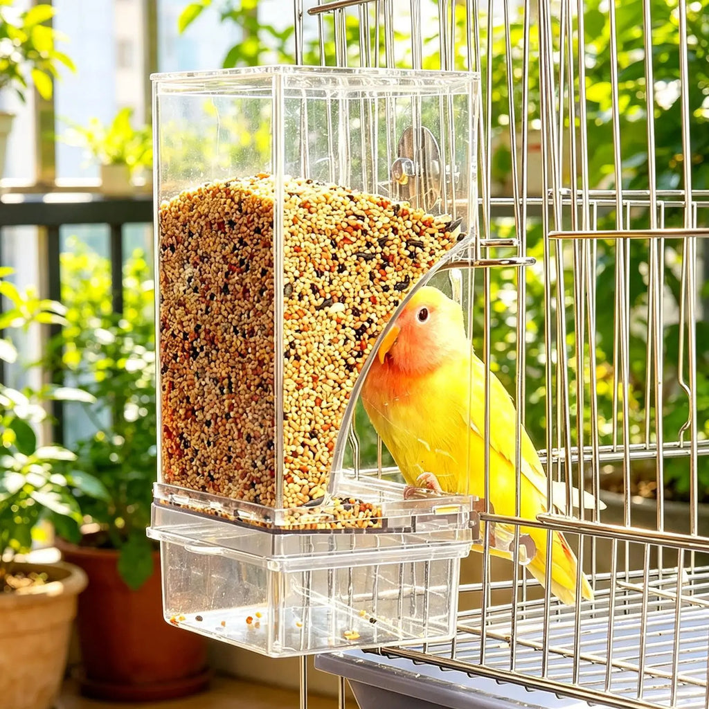 Parakeet Feeder Transparent Automatic Food Dispenser Perch Bird Cage Qme