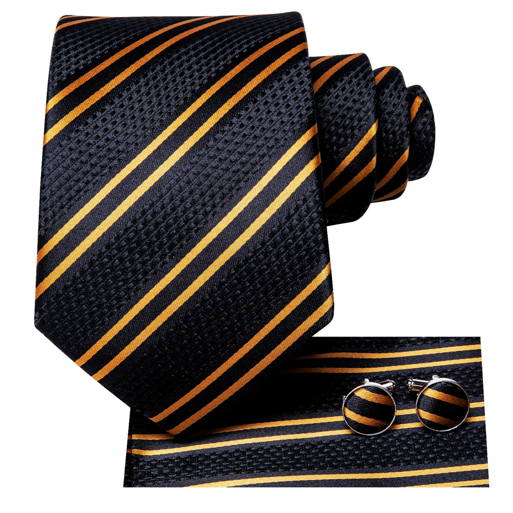 Hi-Tie Luxury Gift Box Golden Striped Pattern Tie Soft Men's Handkerchief Cufflink Set Wedding High Quality Qme