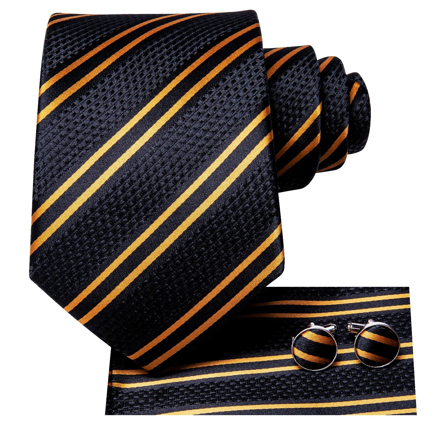 Hi-Tie Luxury Gift Box Golden Striped Pattern Tie Soft Men's Handkerchief Cufflink Set Wedding High Quality Qme