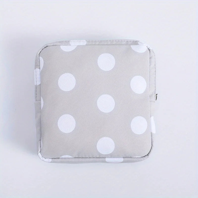 1pc Portable Sanitary Napkin Storage Bag - Girls' Cosmetic Lipstick Pouch with Travel Headset Coin Organizer - Convenient Qme Gray Dot