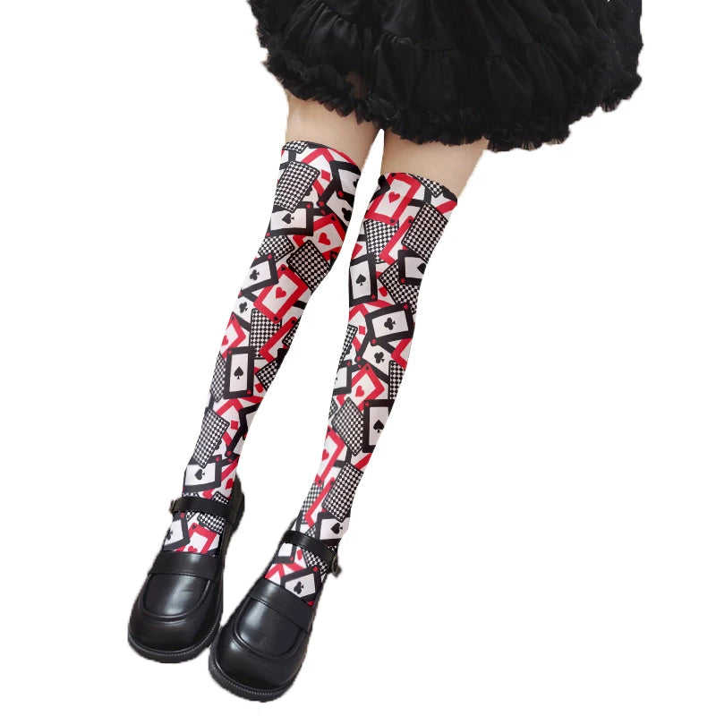 Fashionable Poker Pattern Thigh Stockings Ladies Sexy Love Plaid Qme style4 One Size