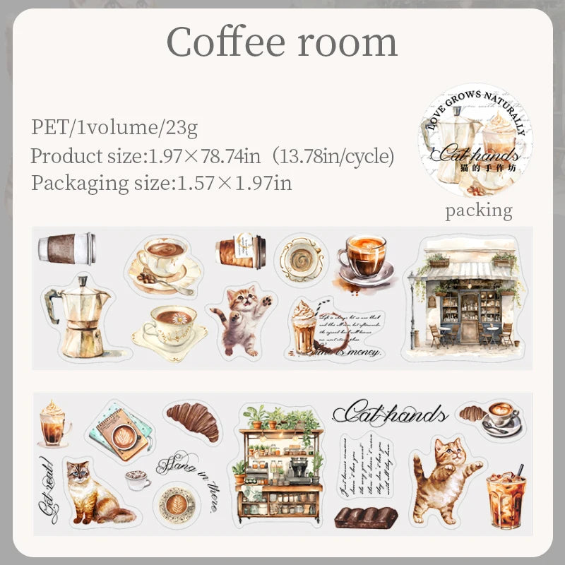 PET Material Tape Maker Cat Hand Workshop Series Cute Cat Coffee Bread Floral Pattern DIY Decorative for Phone Case Computer Cup Qme 4