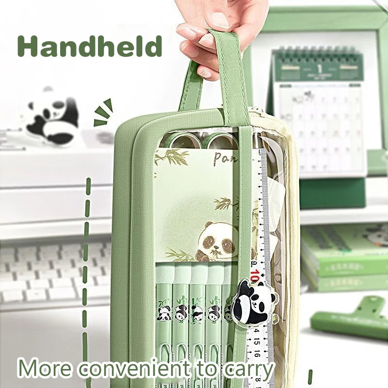 Handheld Double Layer Transparent Pencil Case Pen Bag Hitting Square Qme