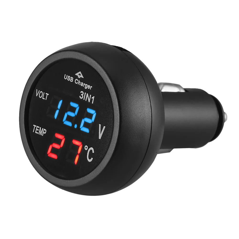 Car Charger 3 in 1 12/24V Charge with Voltmeter Switch Car Auto LED Digital Voltmeter Gauge Thermometer USB Charger Qme Blue