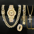 Men's Bling Jewelry Set: Gold Iced Out Watch + Cuban Link Chain + Bracelets + Cross Pendant Necklace + Ring, 5Pcs Hip Hop Set Qme Gold