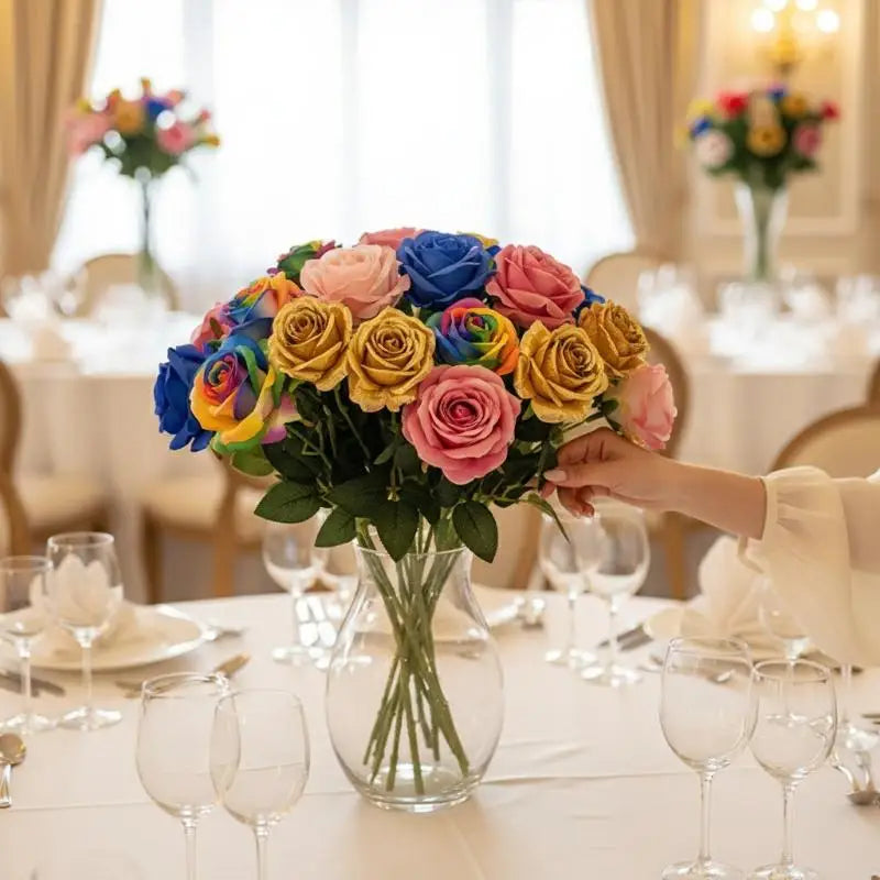 Colorful Realistic Touch Artificial Roses Flowers Rainbow Lifelike Silk Roses Flowers Non-Fading Plastic Fake Flowers Qme