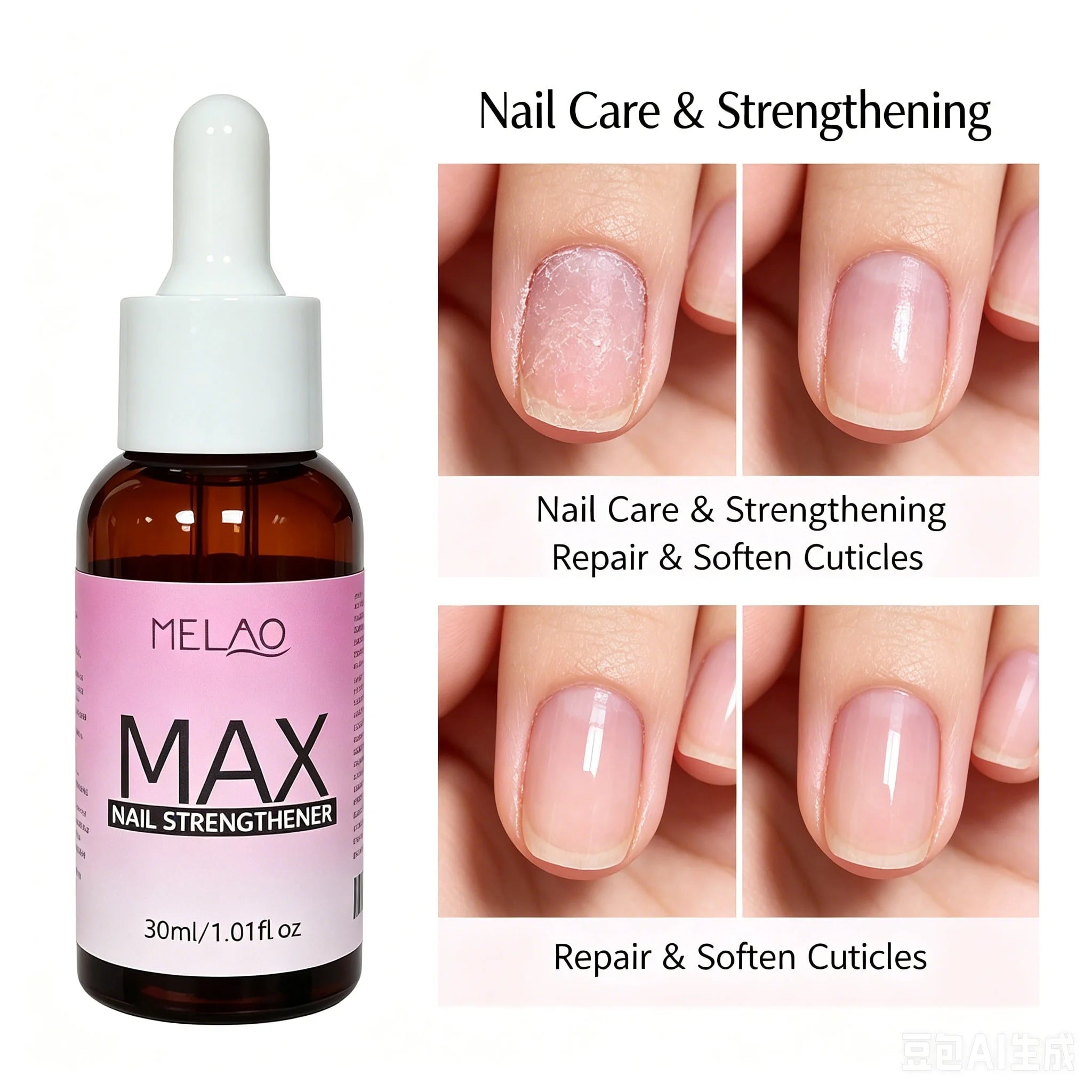 MELAO Max Nail Strengthener Serum, Nail Hardener for Weak Thin Cracked Nails, Repair Split Peeling Nails & Boost Nail Qme MELAO-303 30ml