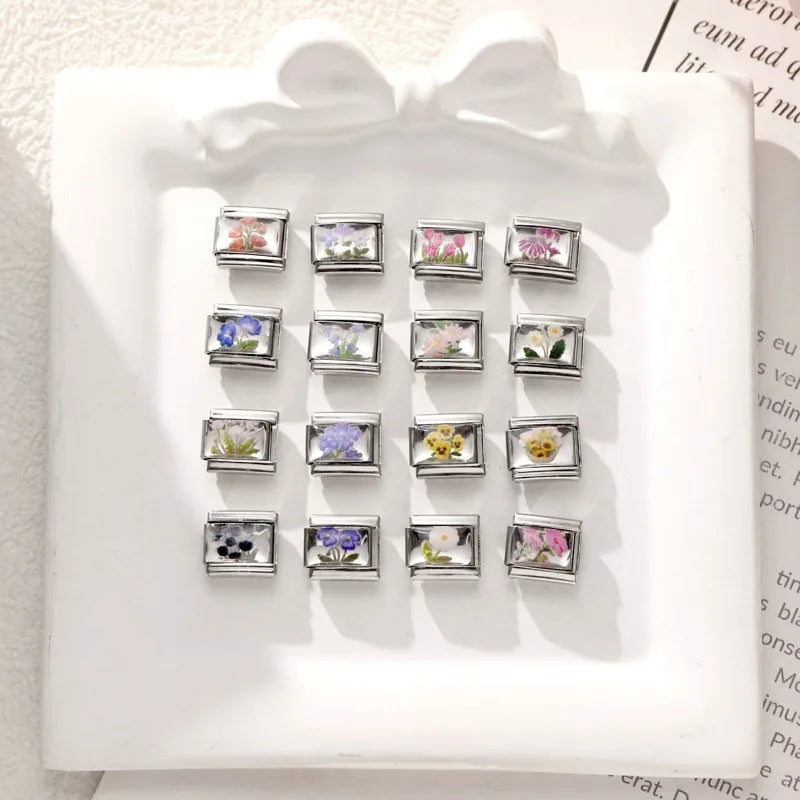 Colorful Brilliant Flowers Sunflower Lotus Tulip Charm Italian Link Fit 9mm Stainless Steel Bangles DIY Making Jewelry Bracelets Qme