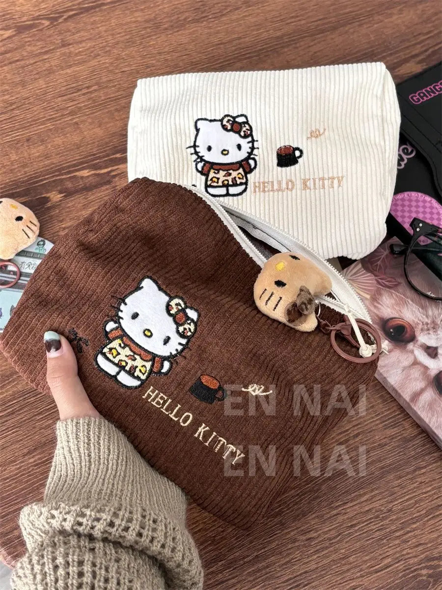 Hello Kitty Embroidered Handheld Corduroy Makeup Bag Large Capacity Qme