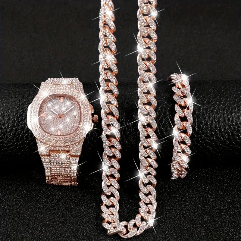 Quartz Watch Fashion Luxury Diamond Set Quartz Watch Business Style Large Dial Men's Watch Watch+Hip Hop Chain Qme
