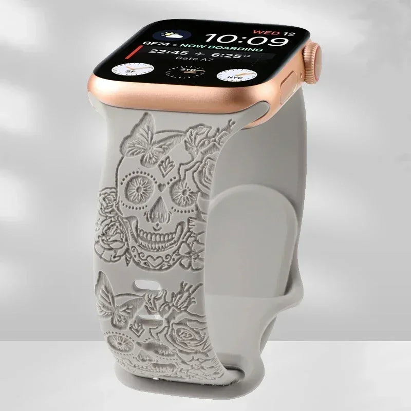 Skull Engraved Strap For Apple Watch Band Ultra 2 49mm 45 44 40 41 42 38mm Silicone Sport Bracelet For iWatch Series 8 9 7 65 SE Qme Gray 42mm 44mm 45mm 49mm