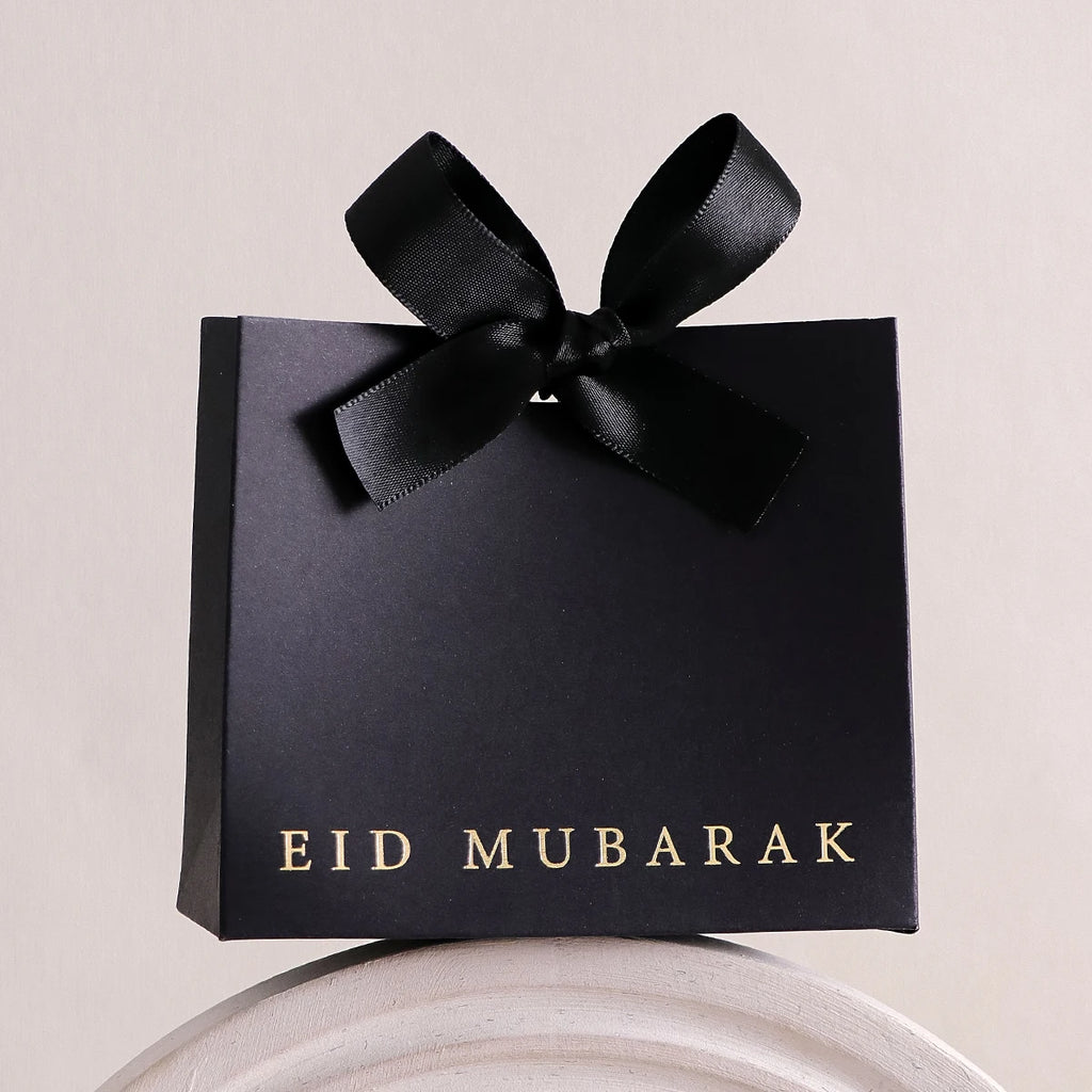 10Pcs, Eid Mubarak Laminated Mini Gift Boxes, Classic Black, White and Pink, with Elegant Ribbon, Size: 11.5*10 * 4.5cm - Perfe Qme