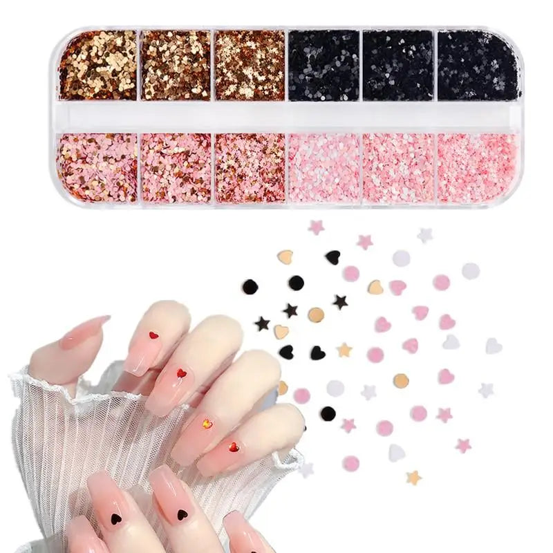 12 Grids Nail Decoration Star Heart Round Shape Art Glitter Sequins Qme