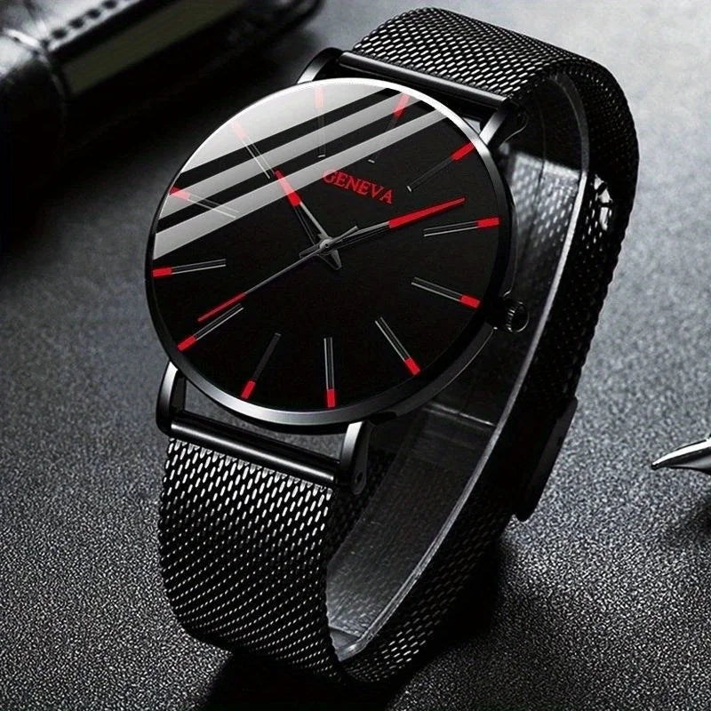 Casual Round Pointer Quartz Watch Large Geo Dial Analog Mesh Strap Wristwatch For Women Men Qme Ivory No