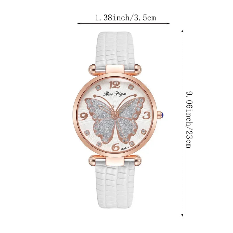 Casual Round Pointer Quartz Watch Cute Rhinestone Butterfly Pattern Dial Analog Dress Watch, Gift For Women Girls Qme