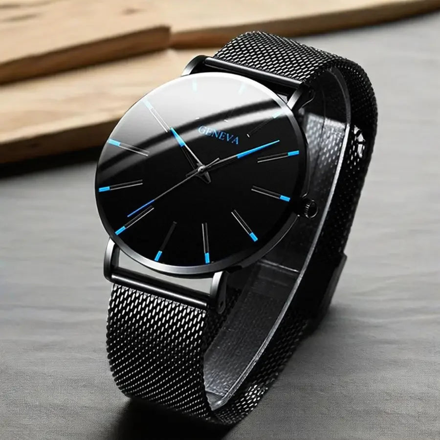 Professional 3-Piece Minimalist Alloy Mesh Quartz Watch Set for Men (No Box) Qme