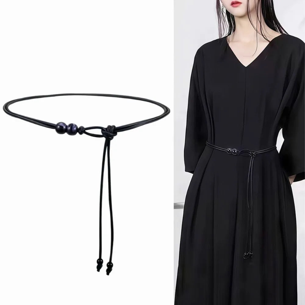 Retro Slim Rope Waist Chain Adjustable Bead Leather Waistband Chinese Qme