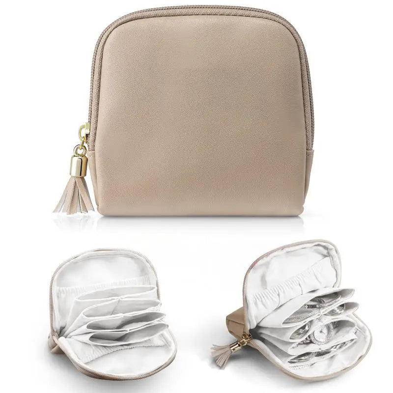 Tassel PU Leather Jewelry Storage Bag Earrings Bracelet Organizer Large Capacity Mini Cosmetic Gift Bag Qme Brown one size