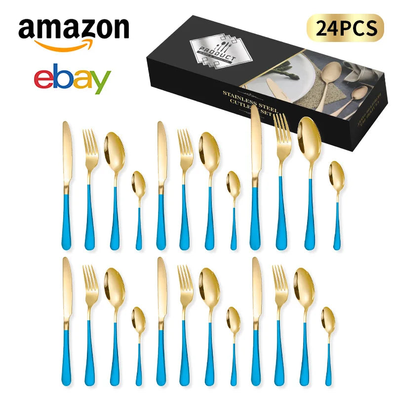 24-Piece Stainless Steel Tableware Set,Western Cutlery Steak Knife Fork Spoon, Gift Box Set for Home Restaurant Wedding Gift Qme A-24Pcs BluGold