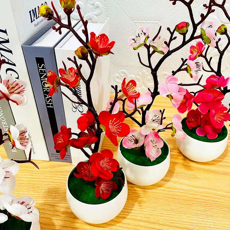 Simulation Plum Flower Pot Plant Artificial Plastic Fake Flowers Home Office Desktop Ornaments Wedding Party Background Decor Qme