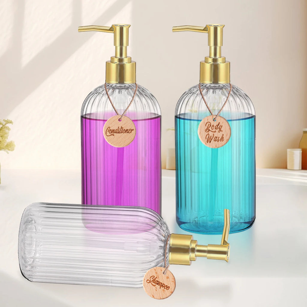 Set of 3 Refillable Shampoo and Conditioner Bottles, 16.9oz/500ml Elegant Guest Room Decoration Shampoo Dispenser with Gold Pump Qme