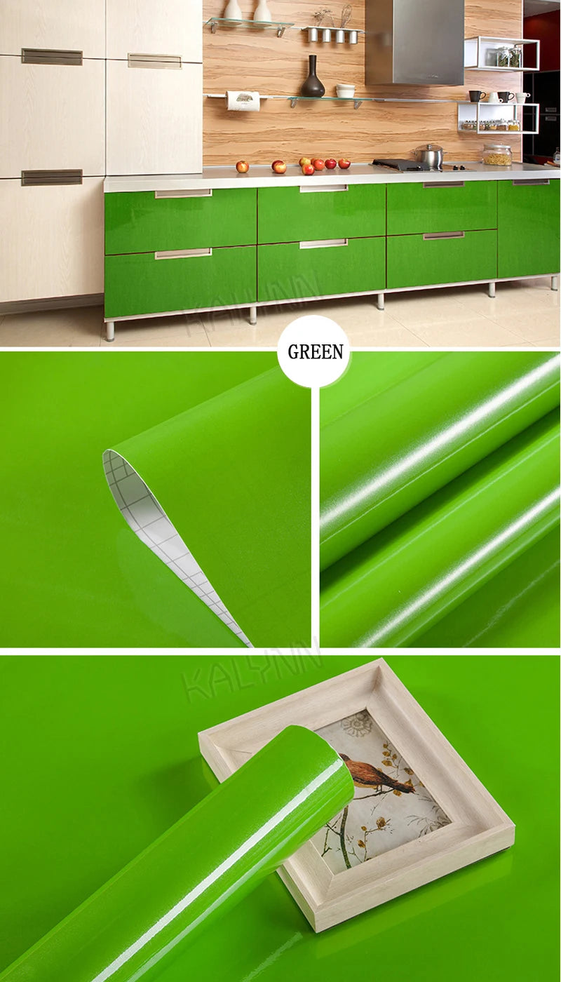 Solid Waterproof Wallpaper Room Self-adhesive Black White Wardrobe Qme Glossy Green 1 6mx40cm