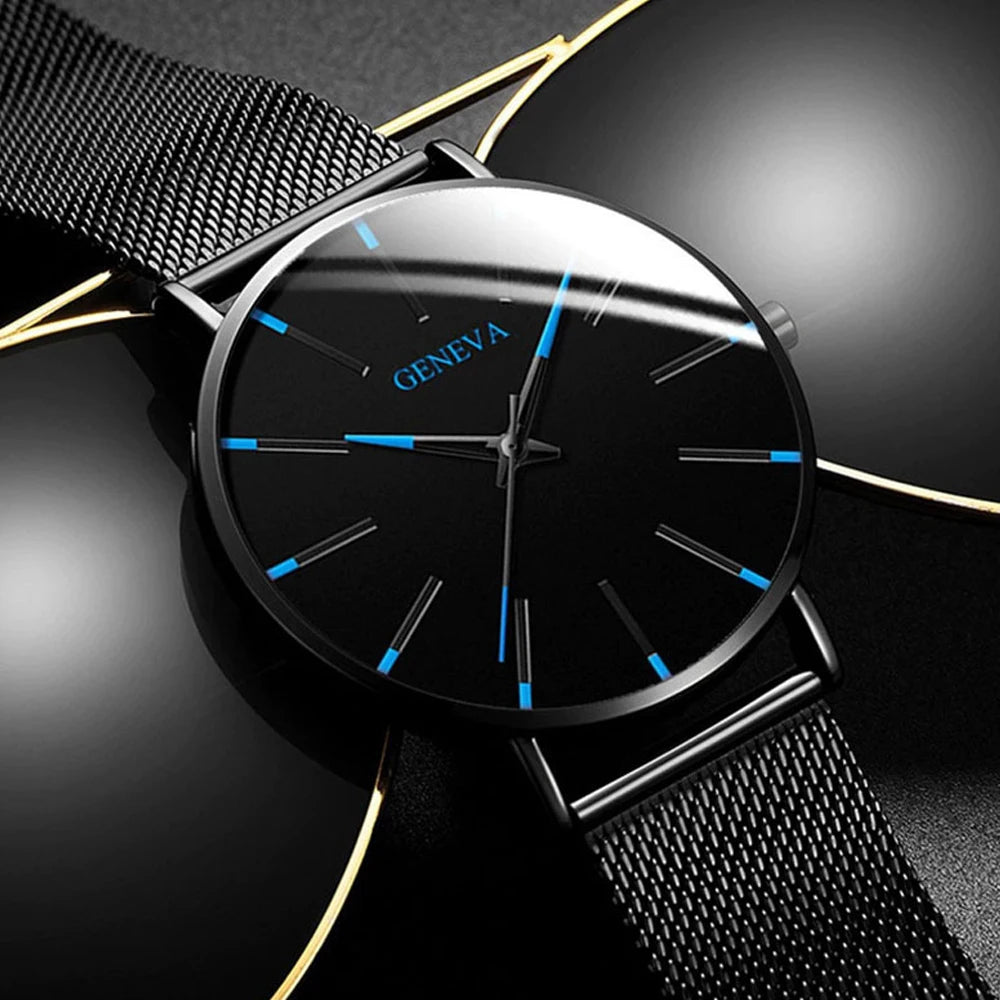 1PCS Geneva Men's Watch Fashion Blue Needle Quartz Watch Simple Business Mesh Belt Watch Qme