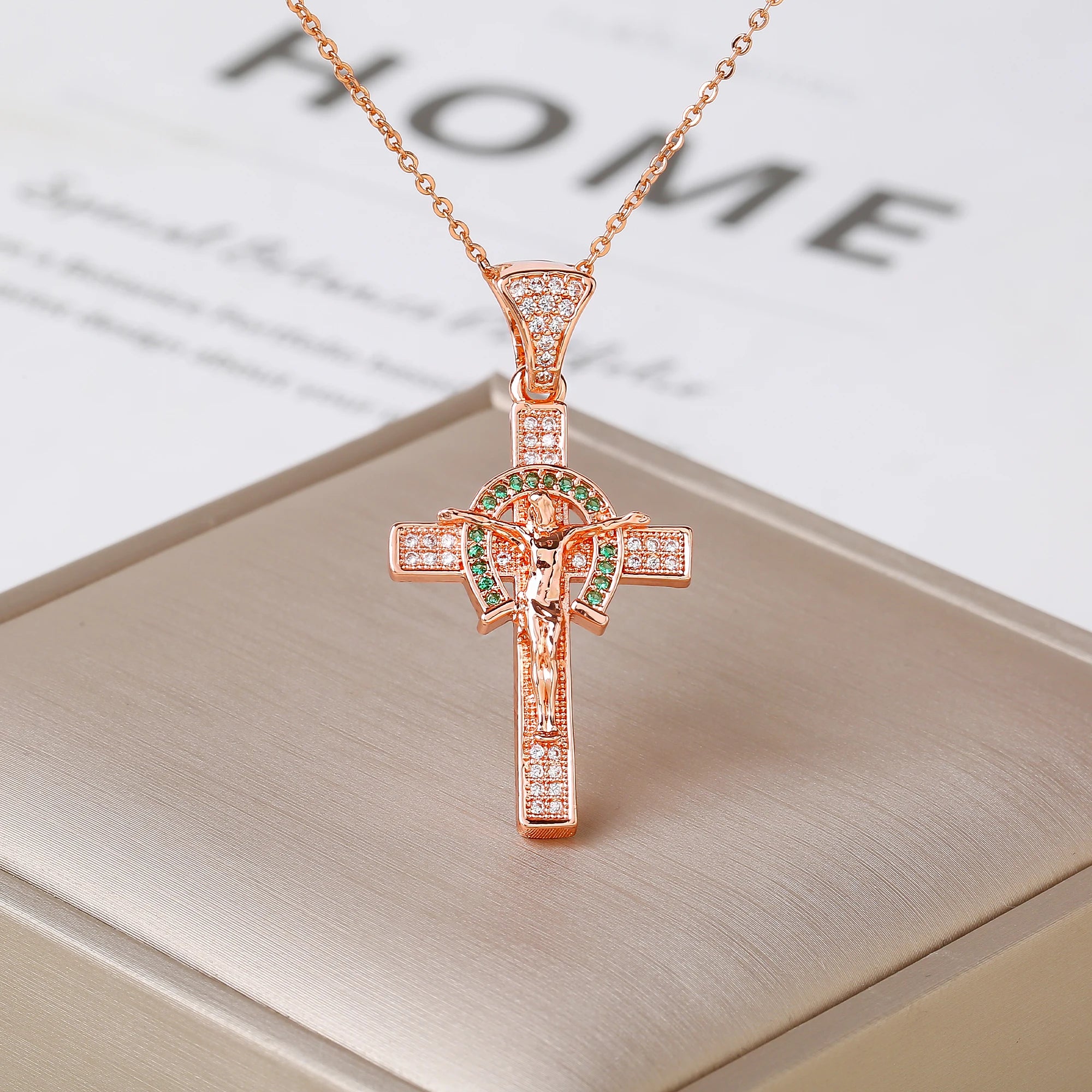 Gold Rose Gold Jesus Crucifix Cross Necklace Luxury for Women Men Faith Jewelry Religious Rhinestone Pendant Daily Wear & Gift Qme 5