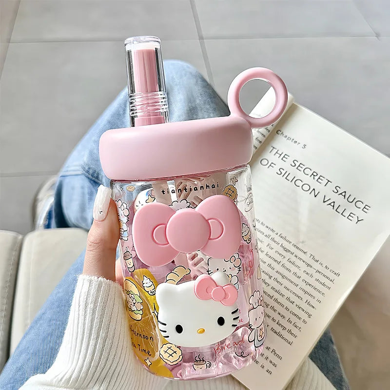 Hello Kitty Summer Girls' Plastic Cup Cute, Stylish Straw Cup Large-Capacity, Food-Grade, Portable Student Sports Water Bottle Qme 4 600ml