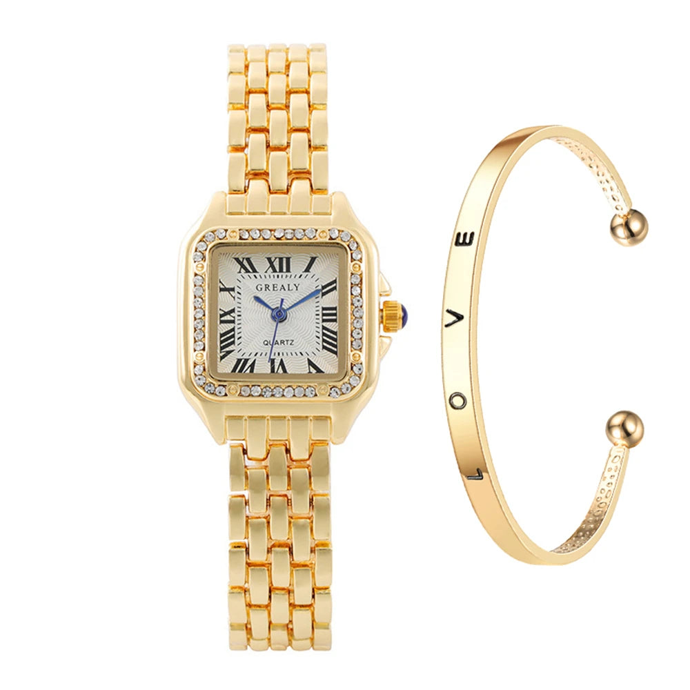 2023 Luxury Women's Fashion Square Watches Gold Alloy Strap Ladies Quartz Wristwatches Qualities Female Roman Scale Clock Qme G diamond set
