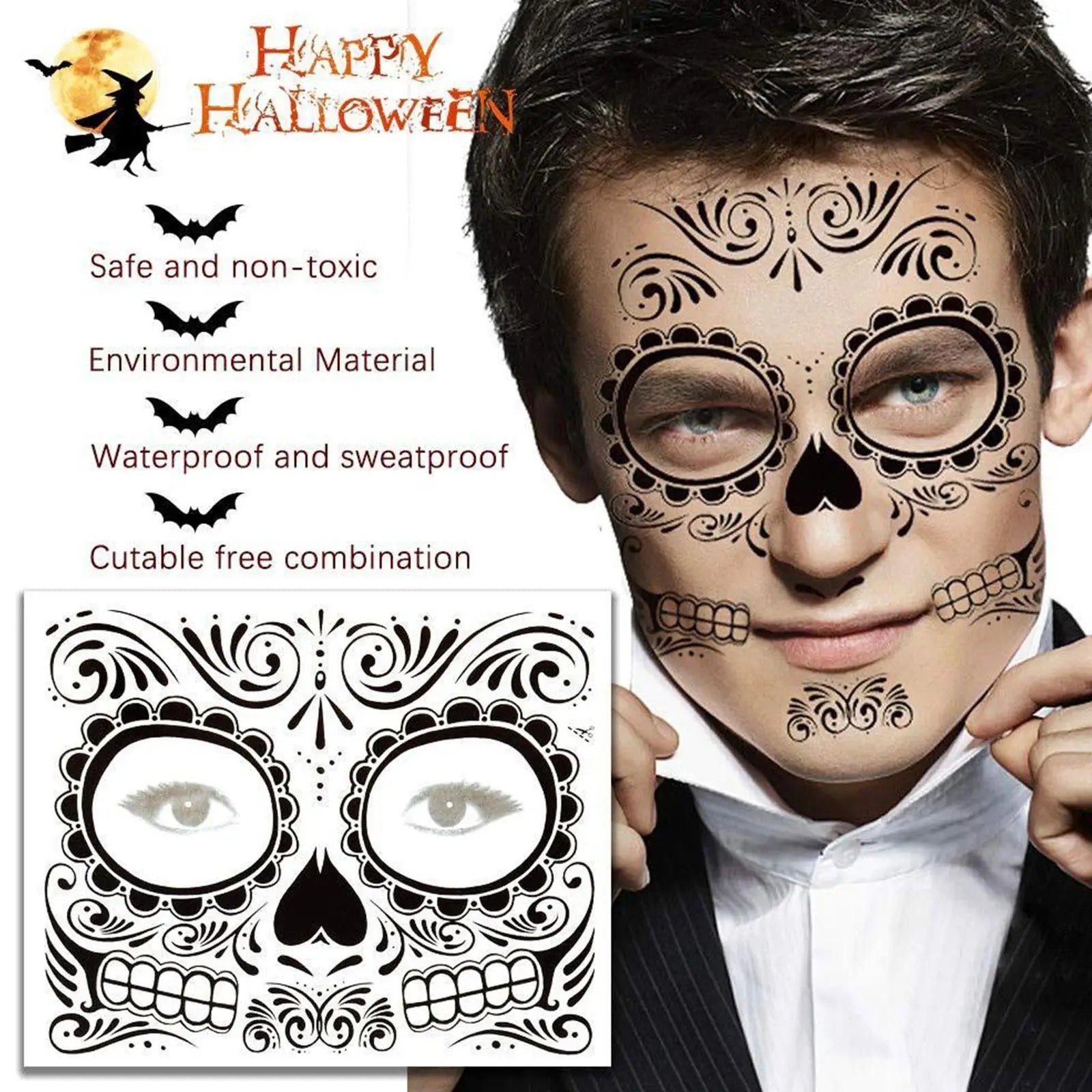 Day Of The Dead Face Tattoos, 13 Sheets Sugar Skull Temporary Face Tattoos Stickers For Halloween Party Facial Makeup Stickers Qme