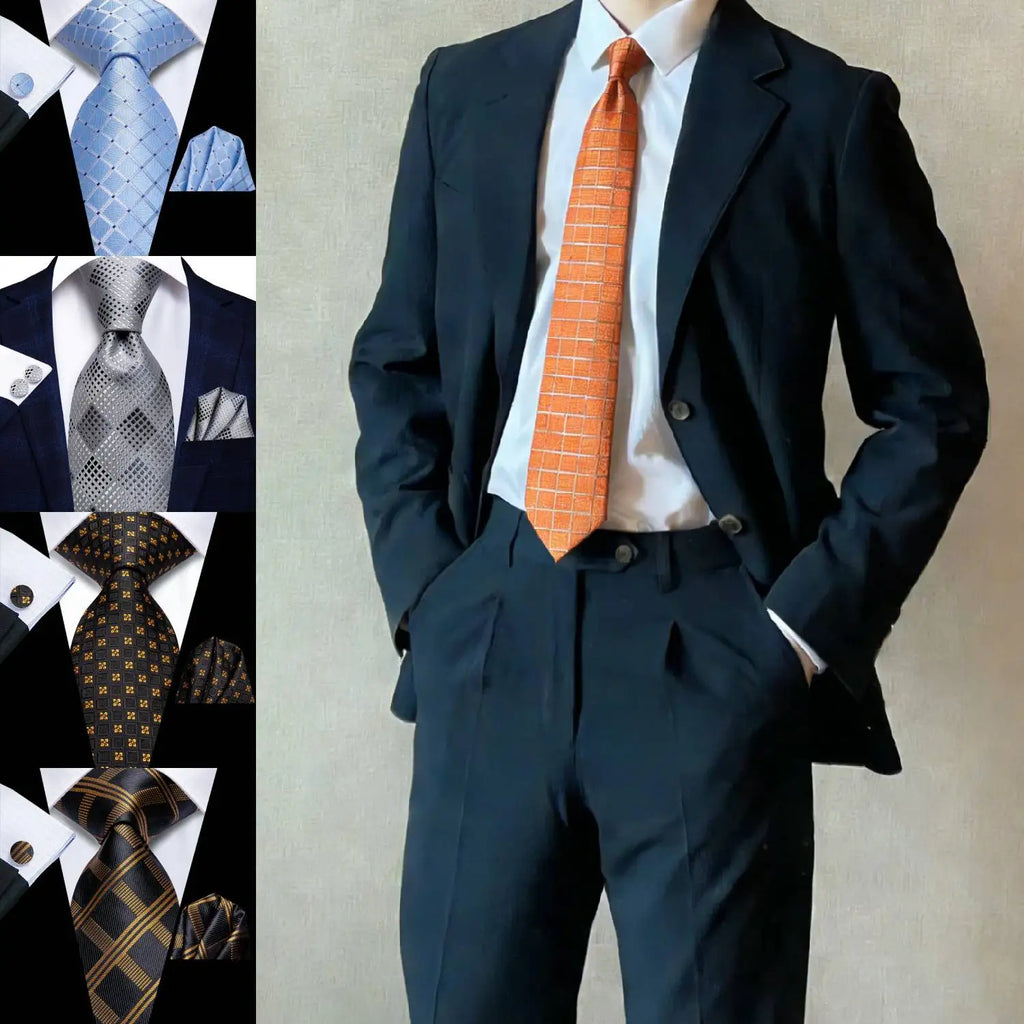 Complete Men's Tie Accessories Bundle: Classic Tie, Pocket Handkerchief, Cufflinks, Premium 3-in-1 Set for Office & Parties Qme