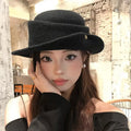 French Hepburn Elegant Black Hat Women's Autumn Winter Rolled Edge Qme Black