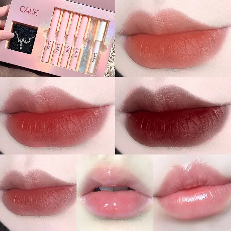 CACE Matte Liquid Lipstick Makeup Sets 4 Colors Lipgloss And 1pc Transparent Lipgloss And 1pc Lip Balm Plumper And Necklace Gift Qme