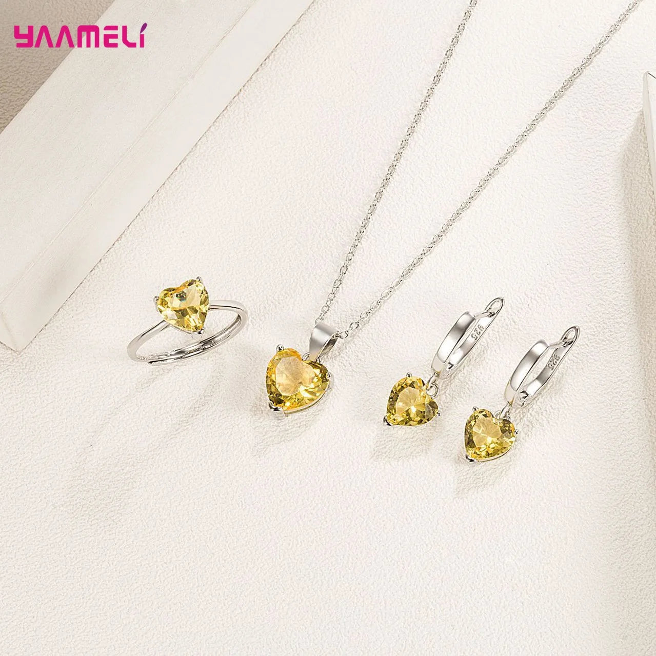 Fine 925 Sterling Silver Color Jewelry Gift Sets for Women Female Romantic Heart Zircon Huggie Earrings Pendant Necklace Ring Qme