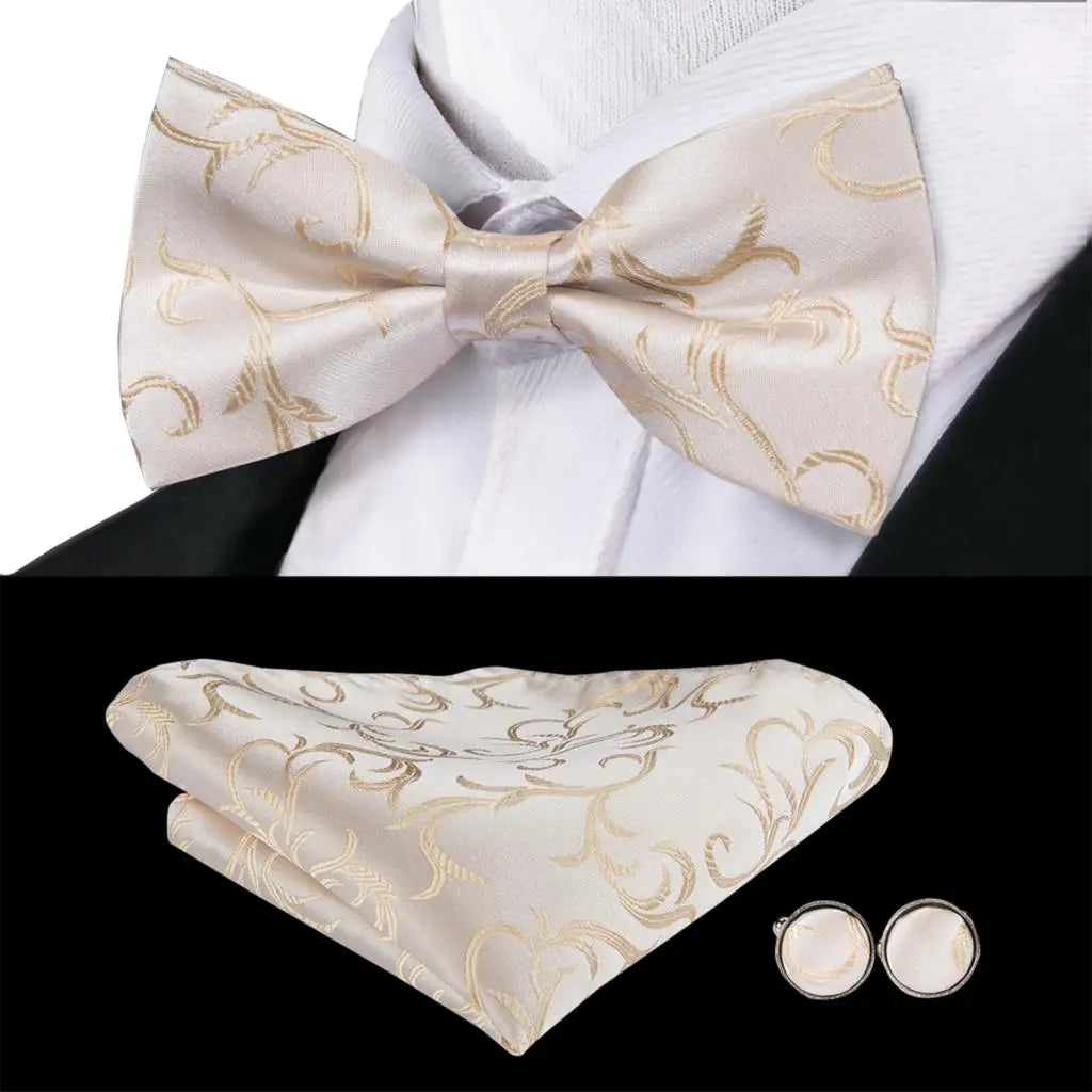 Beige Champagne Gold Mens Bow Tie Hanky Cufflinks Jacquard Floral Pre