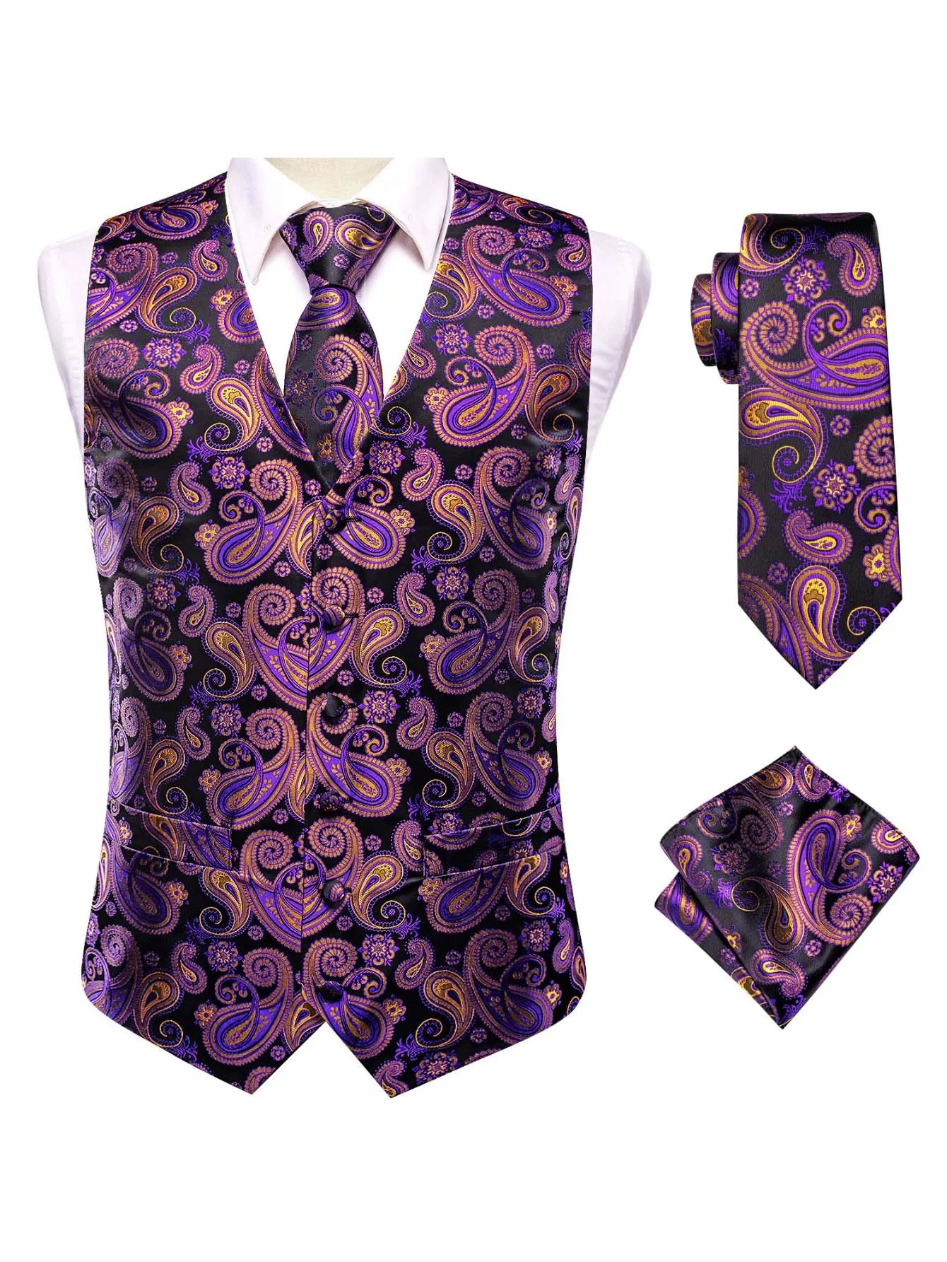 Purple Men Vest Three-Piece Suit Set, Dress Waistcoat with Tie and Pocket Square for Party Ceremony Qme MJ-3020 XXXL