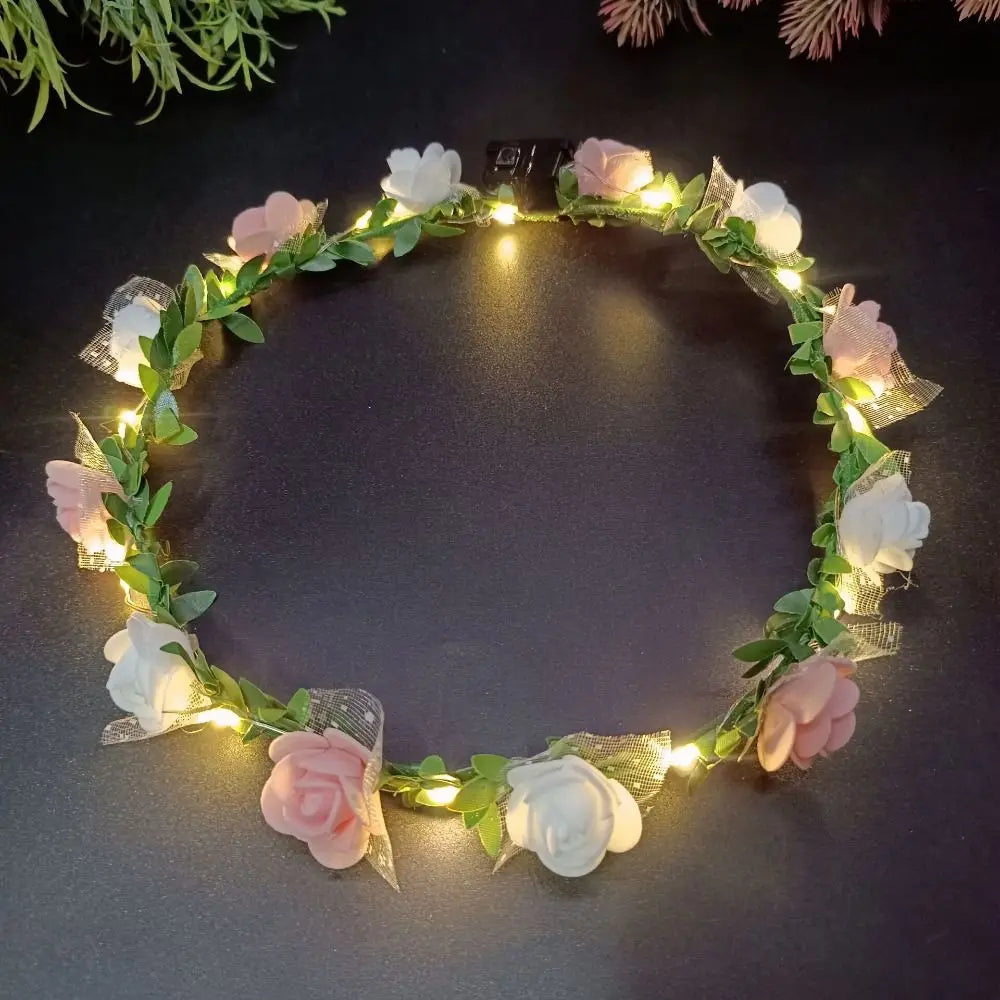 Simulation Rose Flower Wreath Headband Tiara LED Light Crowns Qme F